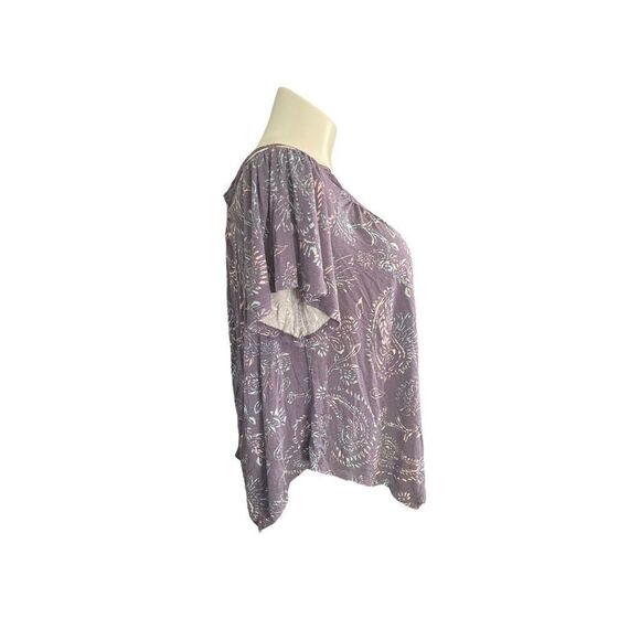 MUDD COLD SHOULDER ASYMMETRICAL HEM TOP BLOUSE PURPLE PAISLEY PRINT - Picture 3 of 9